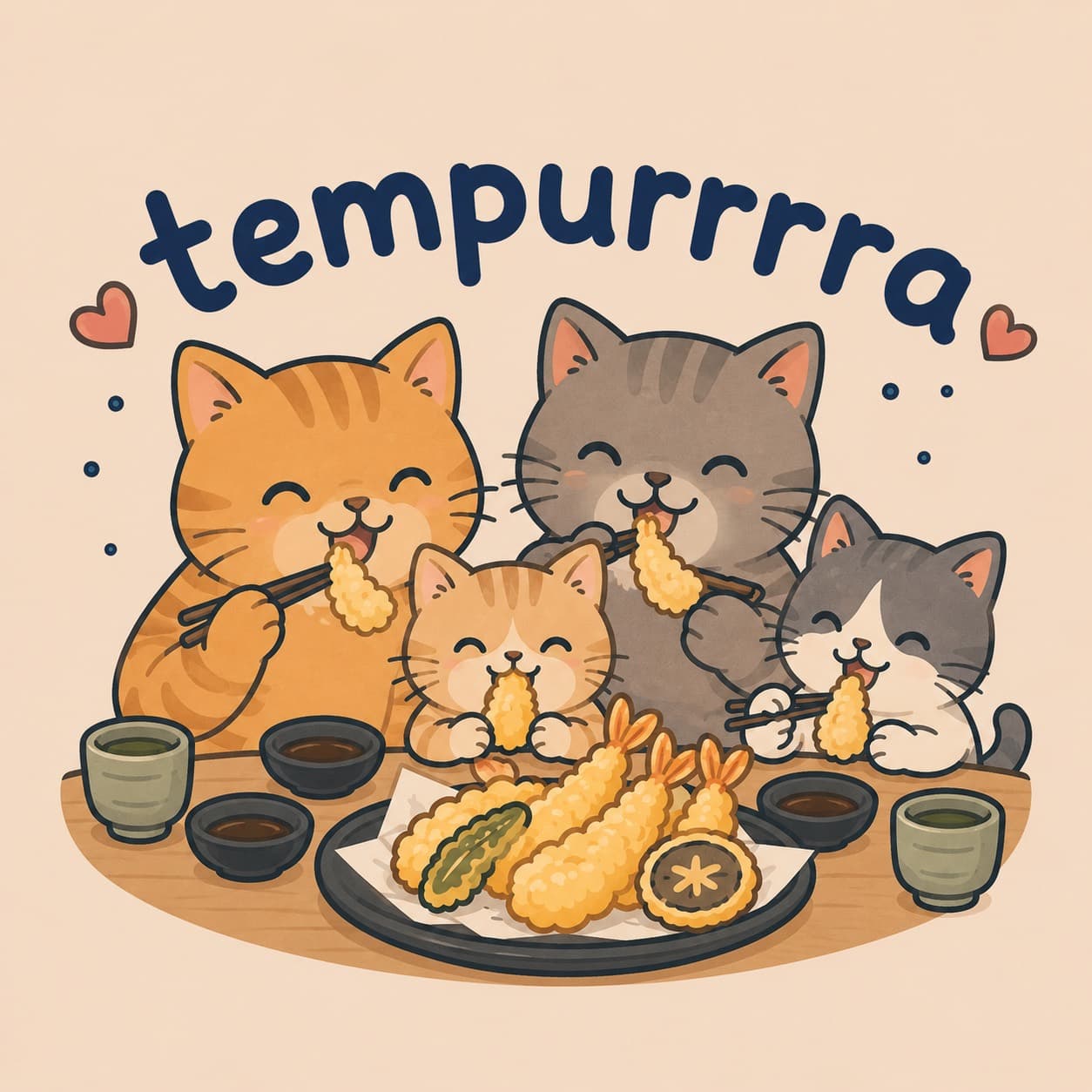 Concept art of a cat family sharing tempura