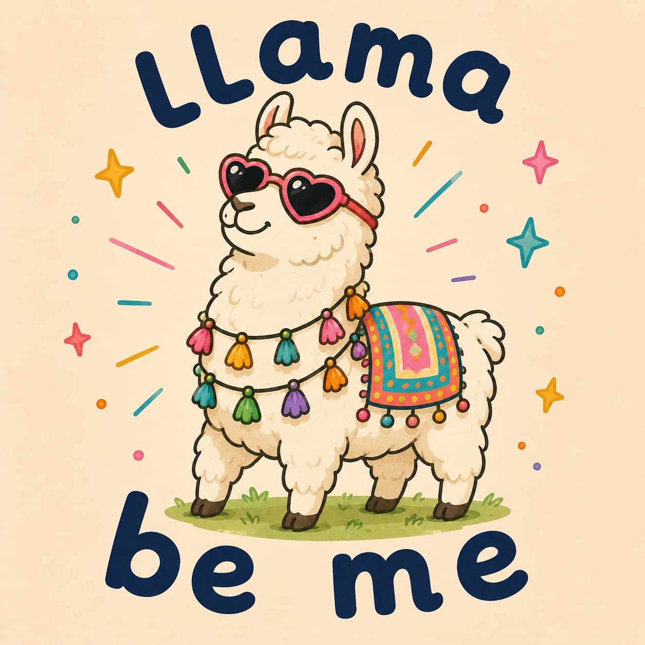 Concept art of a colorful llama in heart-shaped sunglasses