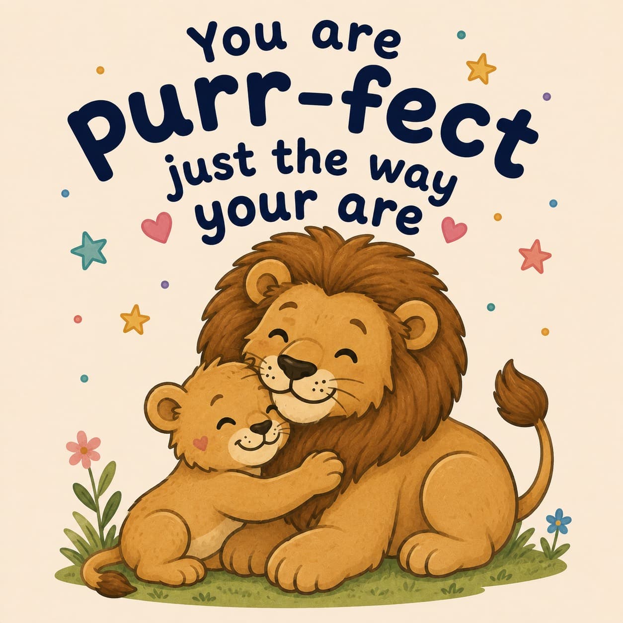 Concept art of a parent lion embracing a child lion